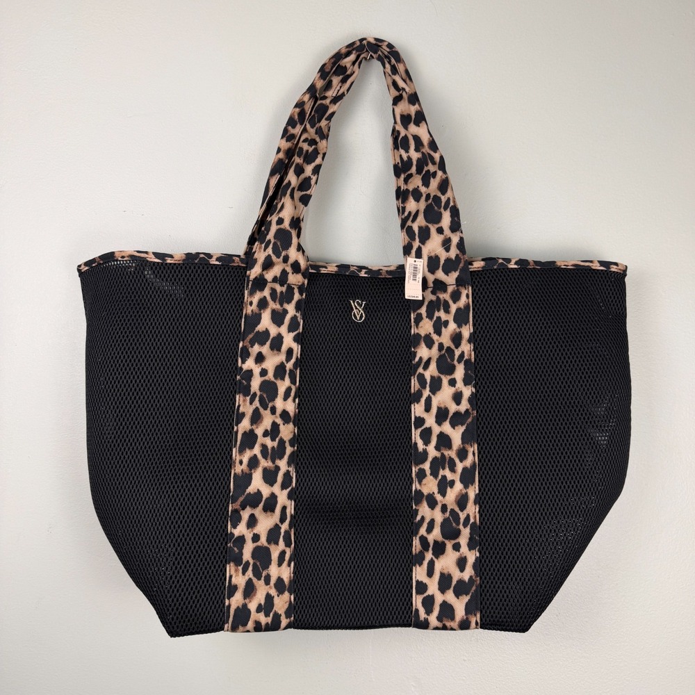 Victoria's Secret Pink Tote Bag Women's Black Tan Mesh Leopard Print Pool Beach